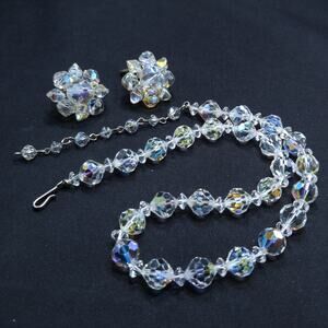 Vintage AB Crystal Beaded Necklace & Clip Earring Set